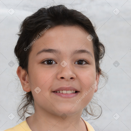 Joyful white child female with short  brown hair and brown eyes