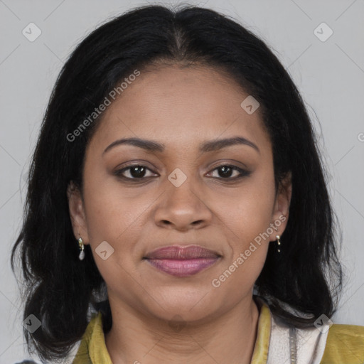 Joyful asian young-adult female with long  brown hair and brown eyes