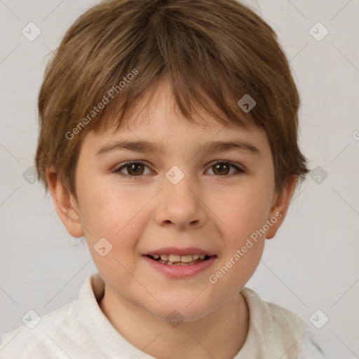 Joyful white child female with short  brown hair and brown eyes