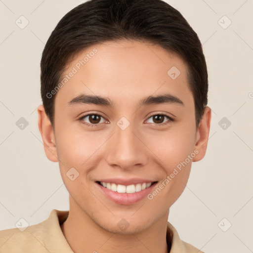 Joyful white young-adult male with short  brown hair and brown eyes