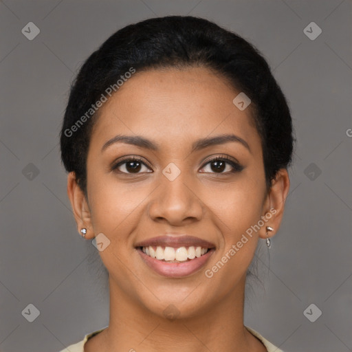 Joyful latino young-adult female with long  brown hair and brown eyes