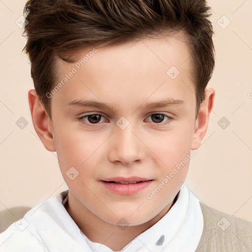 Joyful white child male with short  brown hair and brown eyes