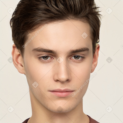 Neutral white young-adult male with short  brown hair and brown eyes