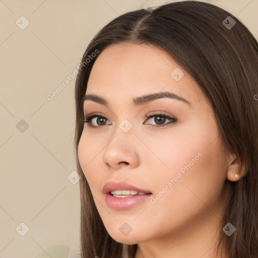 Neutral white young-adult female with long  brown hair and brown eyes