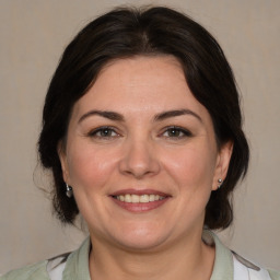 Joyful white adult female with medium  brown hair and brown eyes