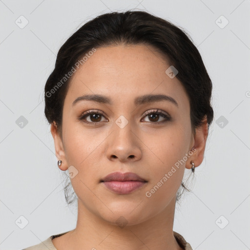 Neutral latino young-adult female with medium  brown hair and brown eyes