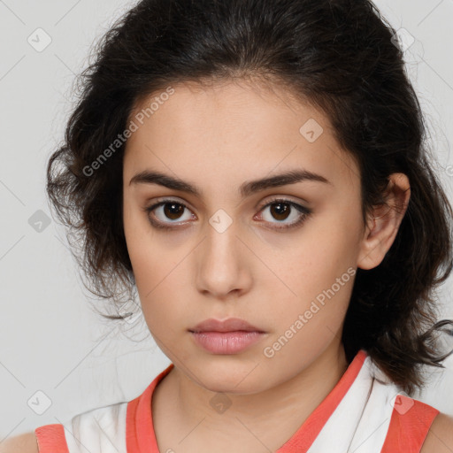 Neutral white young-adult female with medium  brown hair and brown eyes