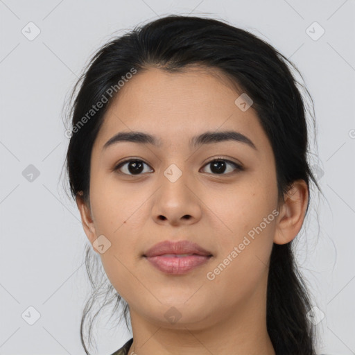 Joyful asian young-adult female with medium  black hair and brown eyes