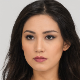 Neutral asian young-adult female with long  black hair and brown eyes