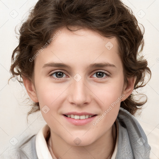 Joyful white child female with medium  brown hair and brown eyes