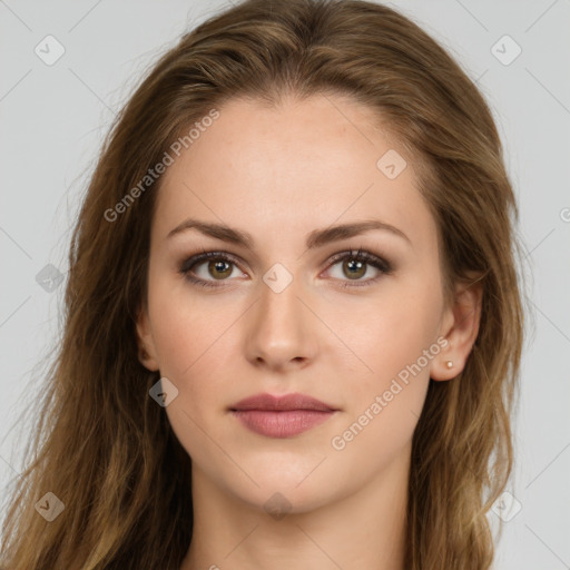 Neutral white young-adult female with long  brown hair and brown eyes