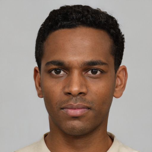 Neutral black young-adult male with short  black hair and brown eyes