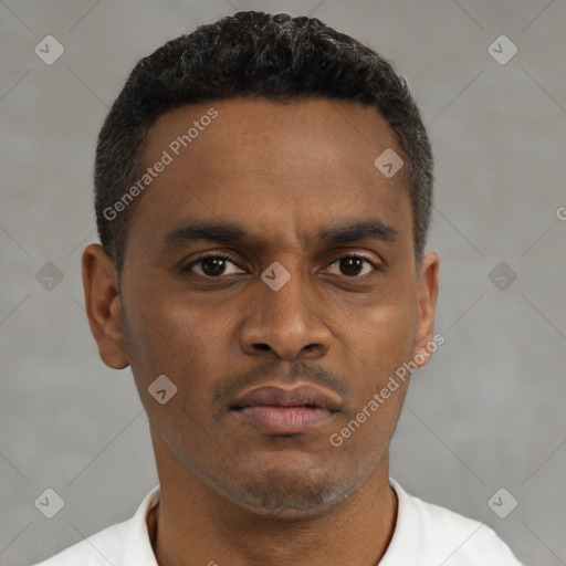 Neutral black young-adult male with short  brown hair and brown eyes