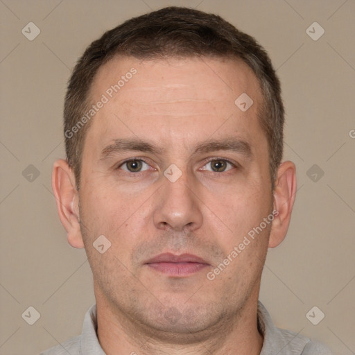 Neutral white adult male with short  brown hair and brown eyes