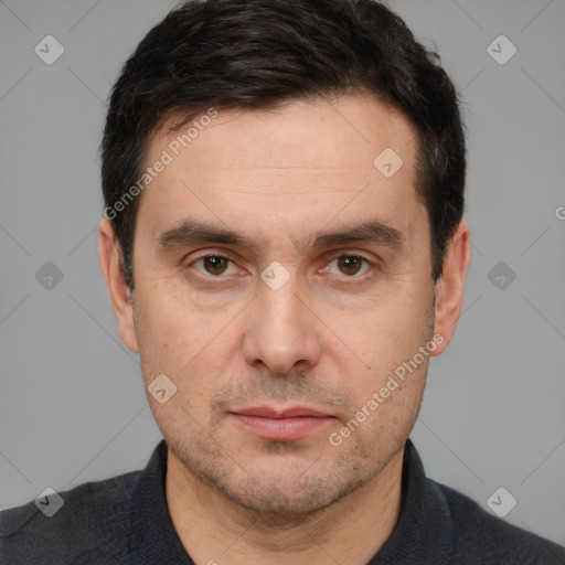 Neutral white adult male with short  brown hair and brown eyes