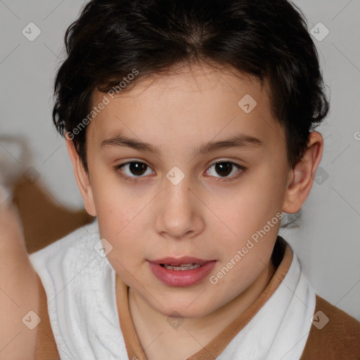 Joyful white child female with medium  brown hair and brown eyes