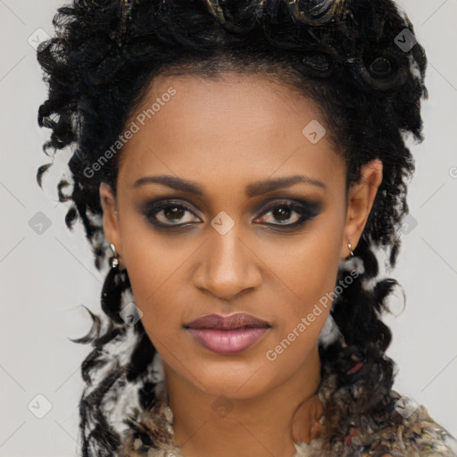 Joyful black young-adult female with long  black hair and brown eyes