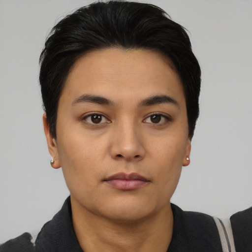 Neutral asian young-adult female with short  black hair and brown eyes