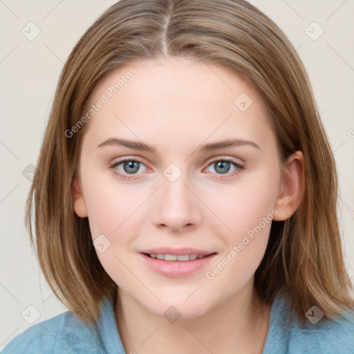 Joyful white young-adult female with medium  brown hair and blue eyes