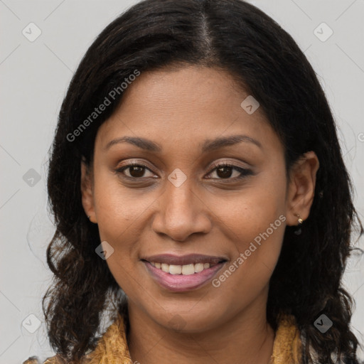 Joyful black young-adult female with medium  brown hair and brown eyes