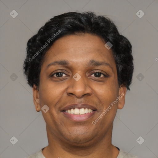 Joyful latino adult female with short  black hair and brown eyes