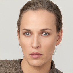 Neutral white young-adult female with short  brown hair and brown eyes