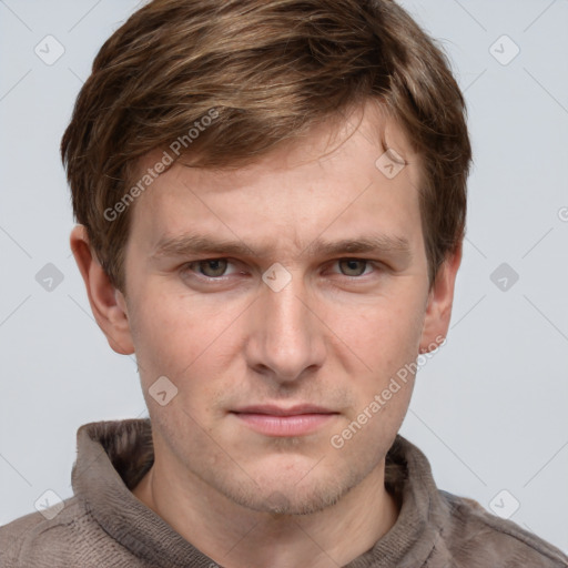 Neutral white young-adult male with short  brown hair and grey eyes