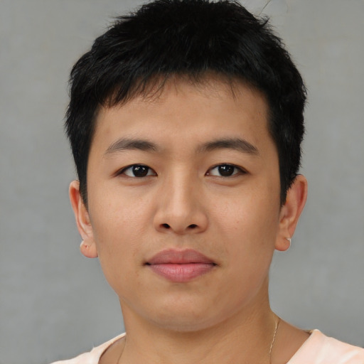 Neutral asian young-adult male with short  brown hair and brown eyes