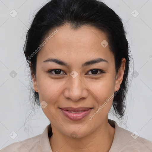 Joyful latino young-adult female with medium  brown hair and brown eyes