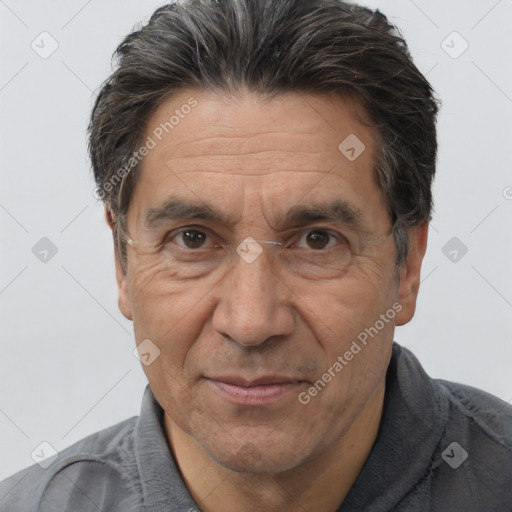 Joyful white middle-aged male with short  brown hair and brown eyes