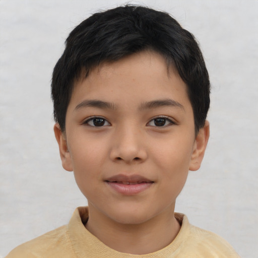 Joyful asian child female with short  brown hair and brown eyes