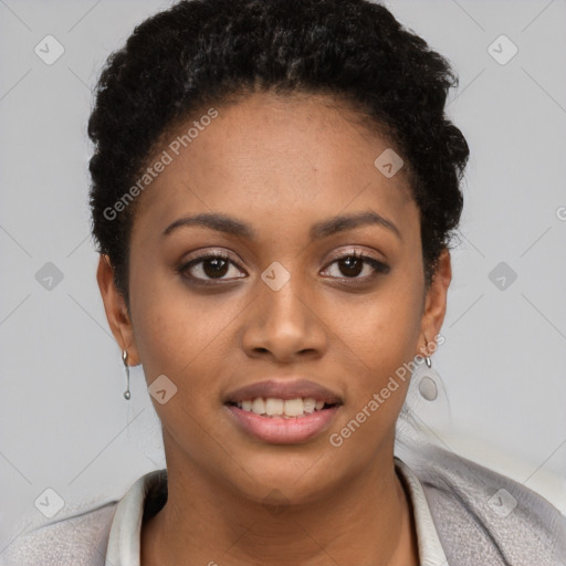 Joyful latino young-adult female with short  black hair and brown eyes