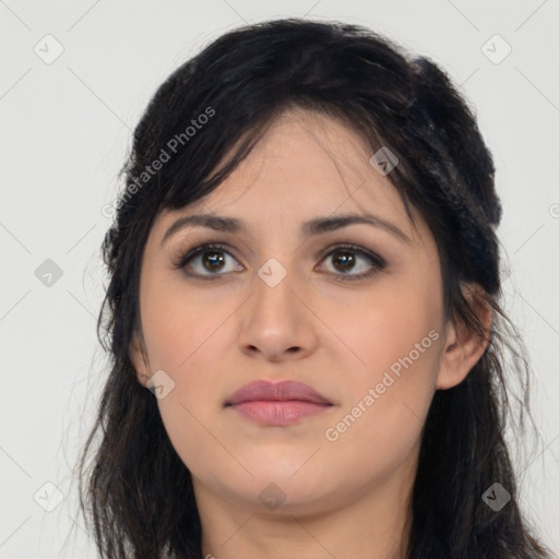 Neutral latino young-adult female with long  black hair and brown eyes