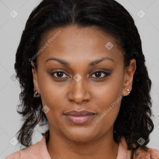 Joyful black young-adult female with medium  brown hair and brown eyes