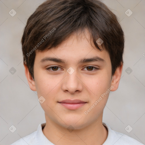 Joyful white child male with short  brown hair and brown eyes