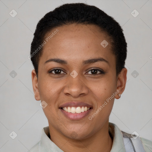 Joyful latino young-adult female with short  black hair and brown eyes