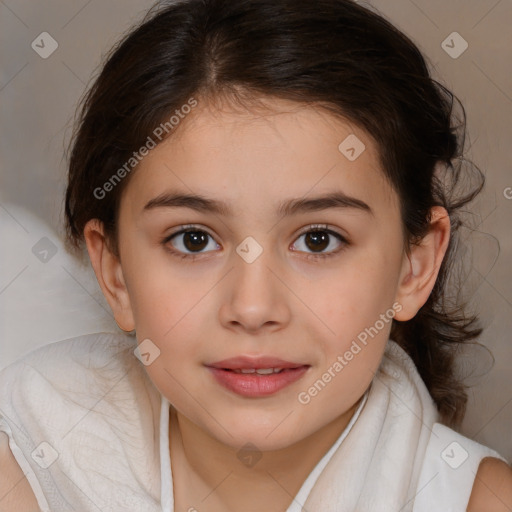 Joyful white child female with medium  brown hair and brown eyes