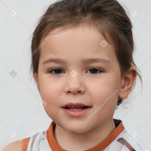 Joyful white child female with medium  brown hair and brown eyes