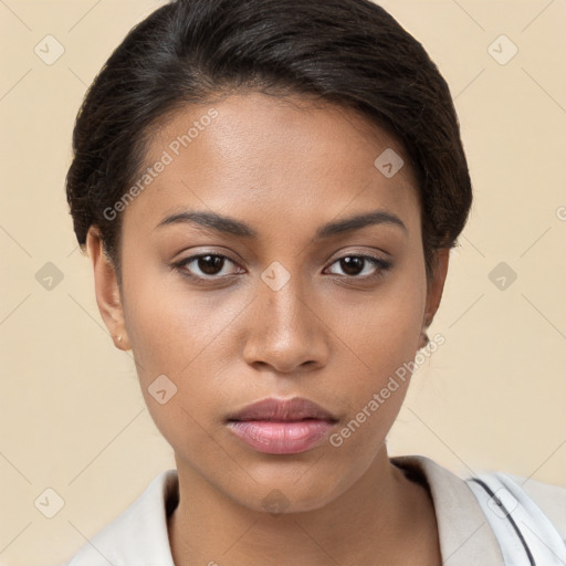 Neutral white young-adult female with short  brown hair and brown eyes