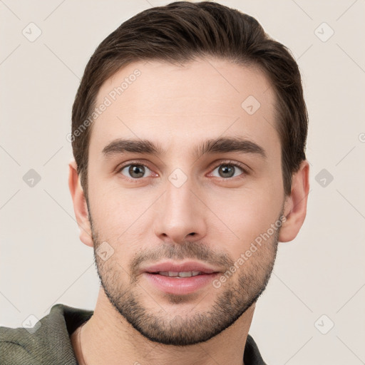 Neutral white young-adult male with short  brown hair and brown eyes