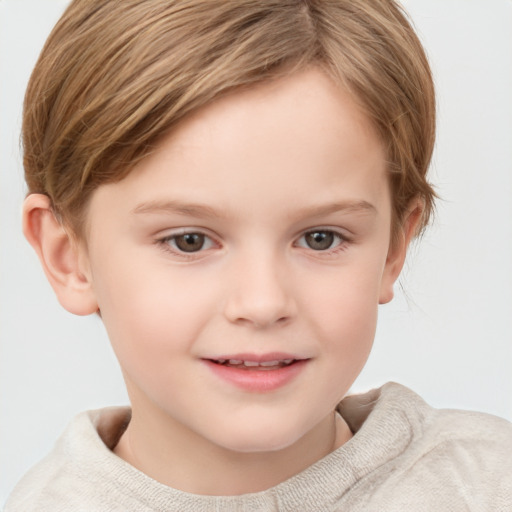 Joyful white child female with short  brown hair and grey eyes