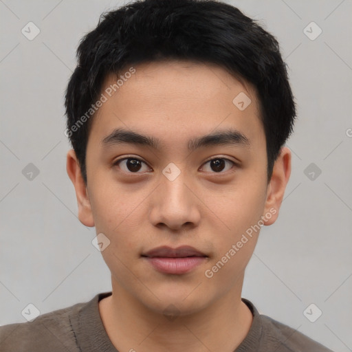 Neutral asian young-adult male with short  black hair and brown eyes
