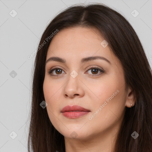 Neutral white young-adult female with long  brown hair and brown eyes