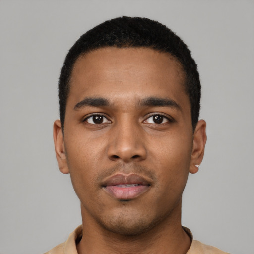 Neutral black young-adult male with short  black hair and brown eyes