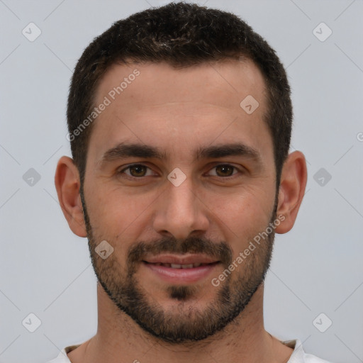 Joyful white young-adult male with short  brown hair and brown eyes