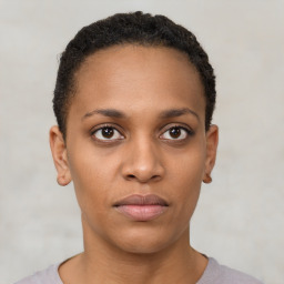 Neutral black young-adult female with short  black hair and brown eyes