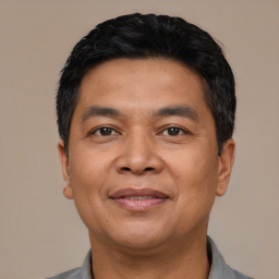 Joyful latino adult male with short  black hair and brown eyes