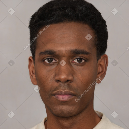 Neutral black young-adult male with short  black hair and brown eyes