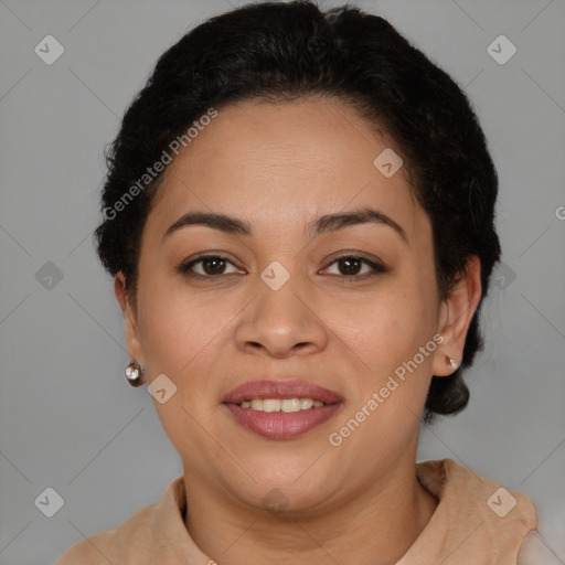 Joyful latino young-adult female with short  brown hair and brown eyes