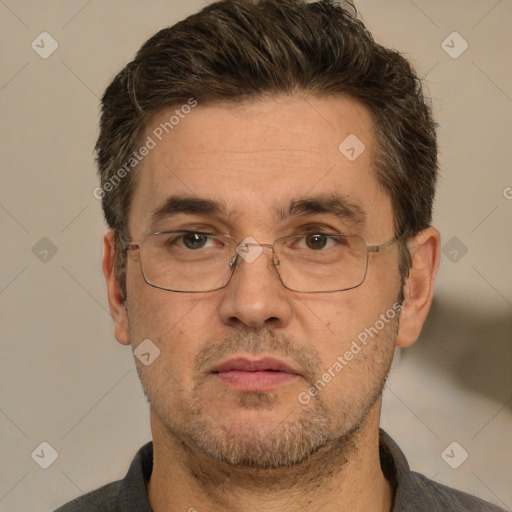 Neutral white adult male with short  brown hair and brown eyes